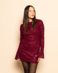 VELVET FLOCK SEQUINS DRESS BURGUNDY