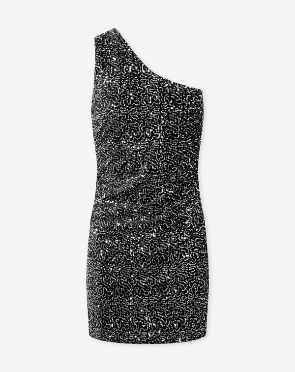 VELVET SWIRL SEQUINS ONE SHOULDER DRESS ZILVER