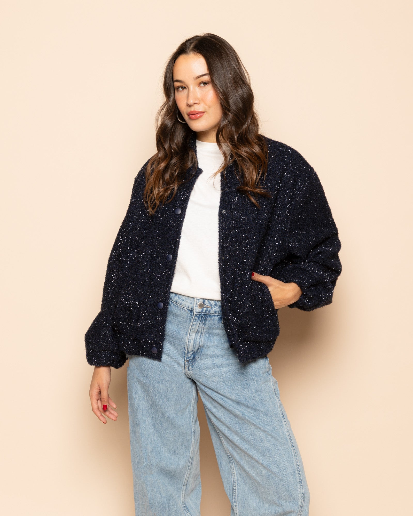GLITTER BOUCLE JACKET MARINEBLAUW
