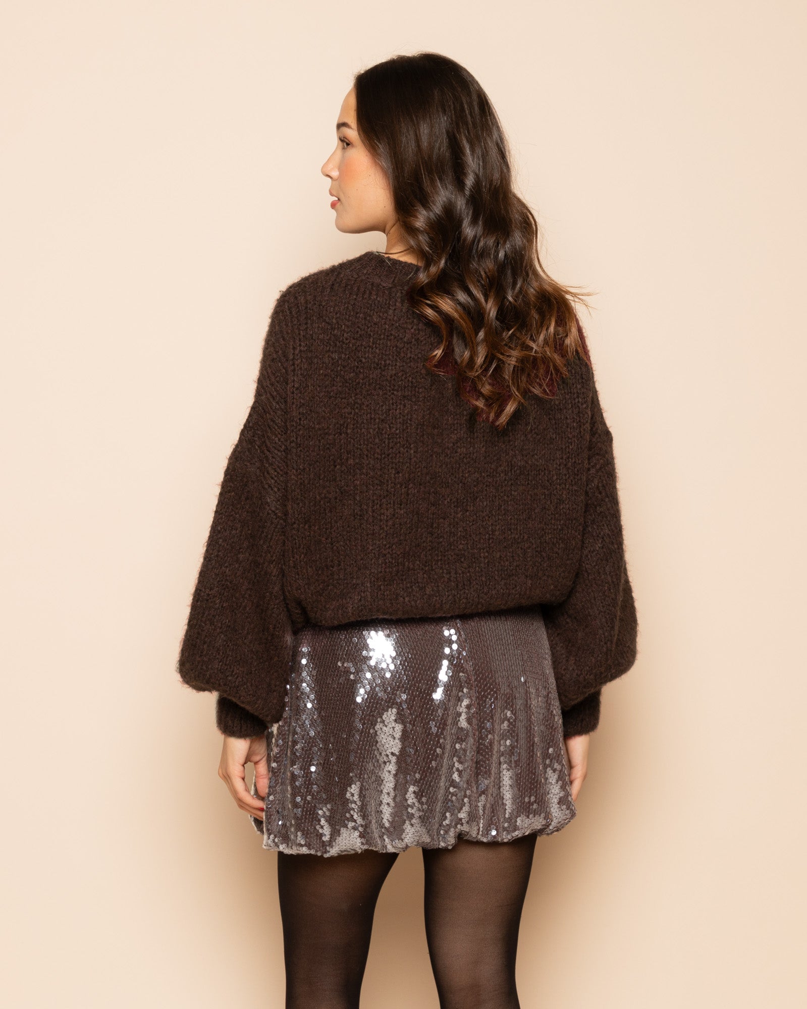 TRANSPARENT SEQUINS BUBBLE HEM SKIRT BRUIN