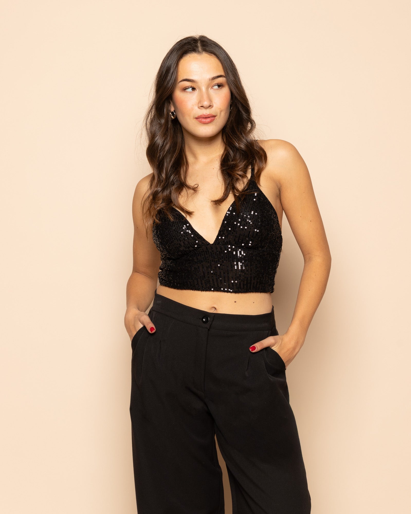 SEQUIN STRAP TOP BLACK