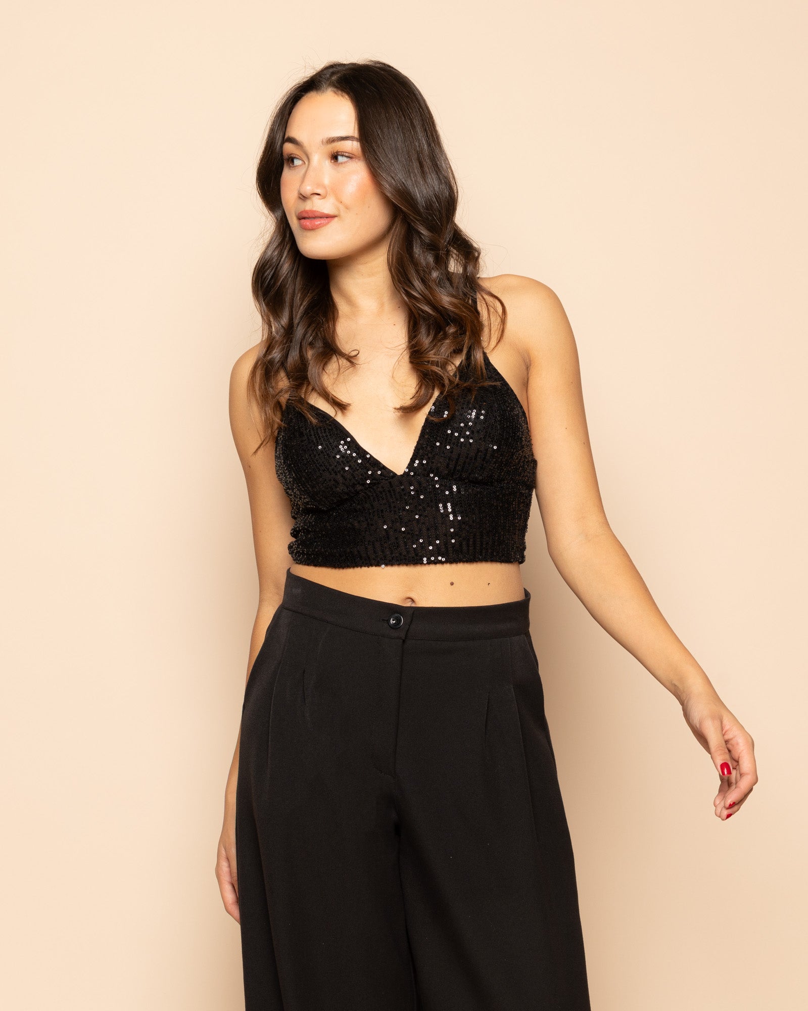 SEQUIN STRAP TOP BLACK
