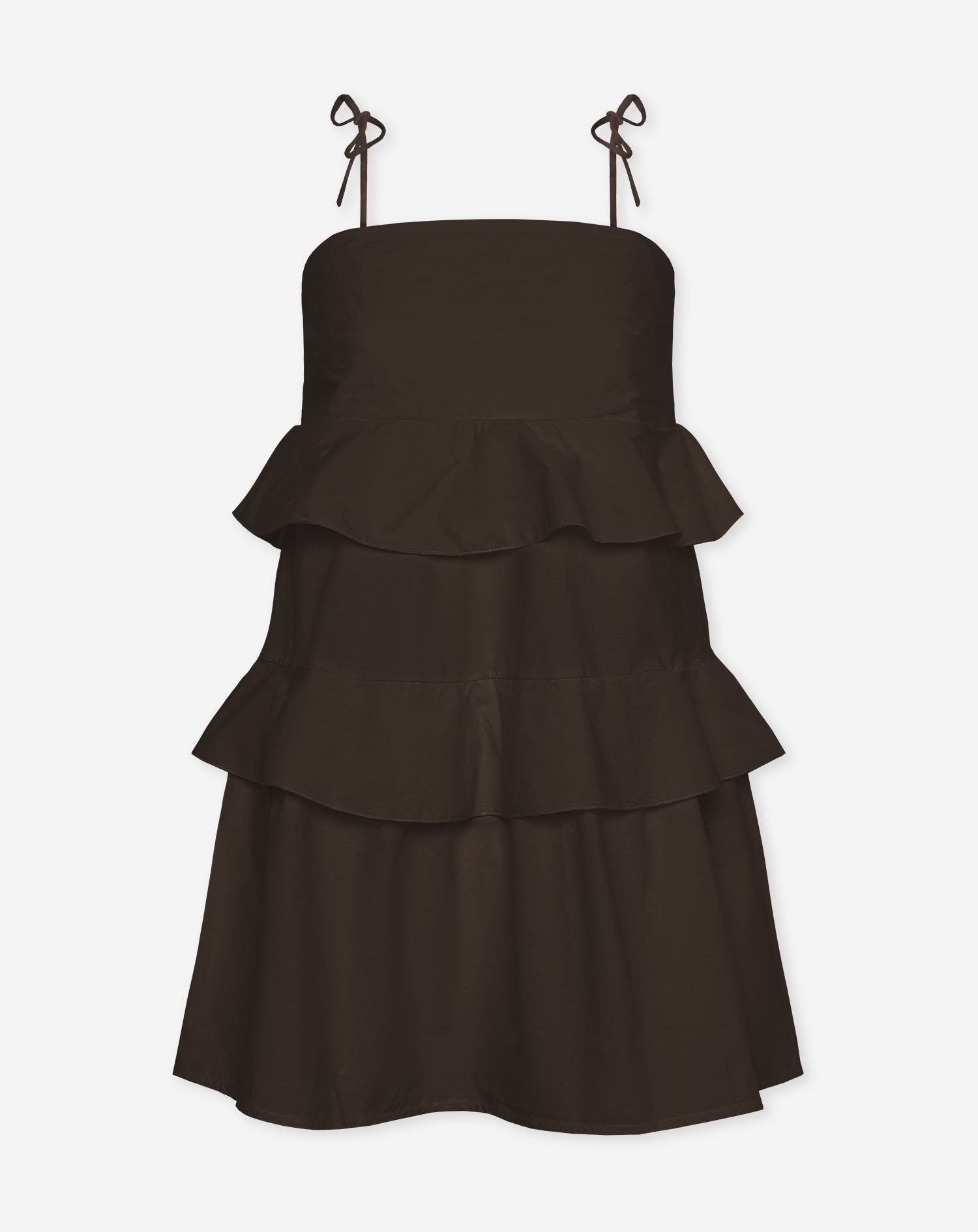 ROAMY POPLIN RUFFLE DRESS BRUIN