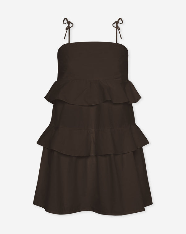 ROAMY POPLIN RUFFLE DRESS BRUIN