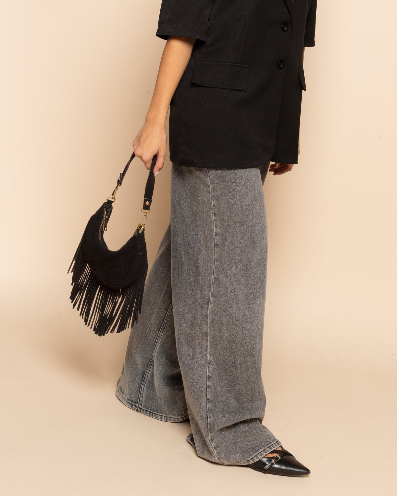 NAOMY FRINGE SUEDE BAG BLACK