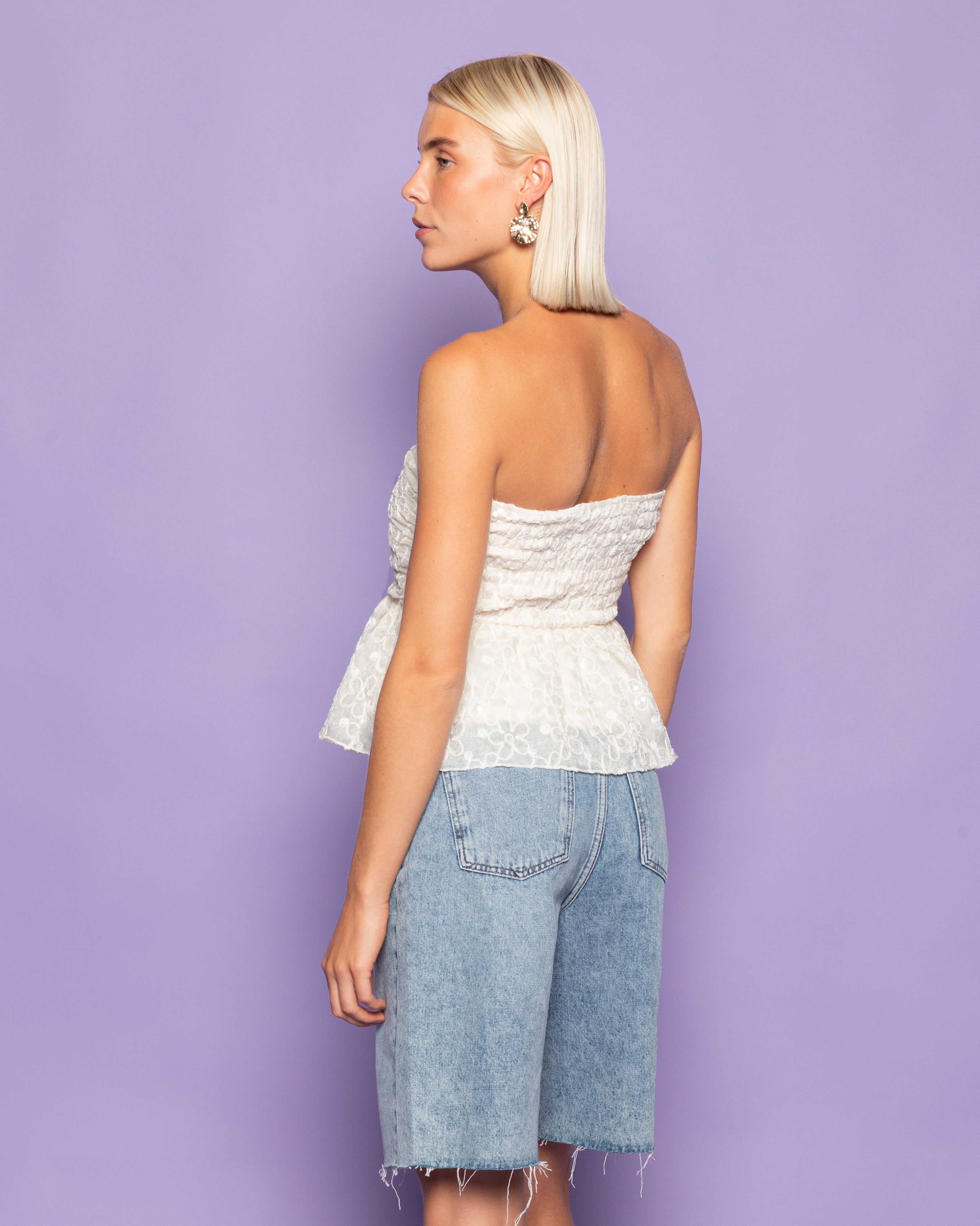 FLOWER SEQUINS BANDEAU TOP CREAM