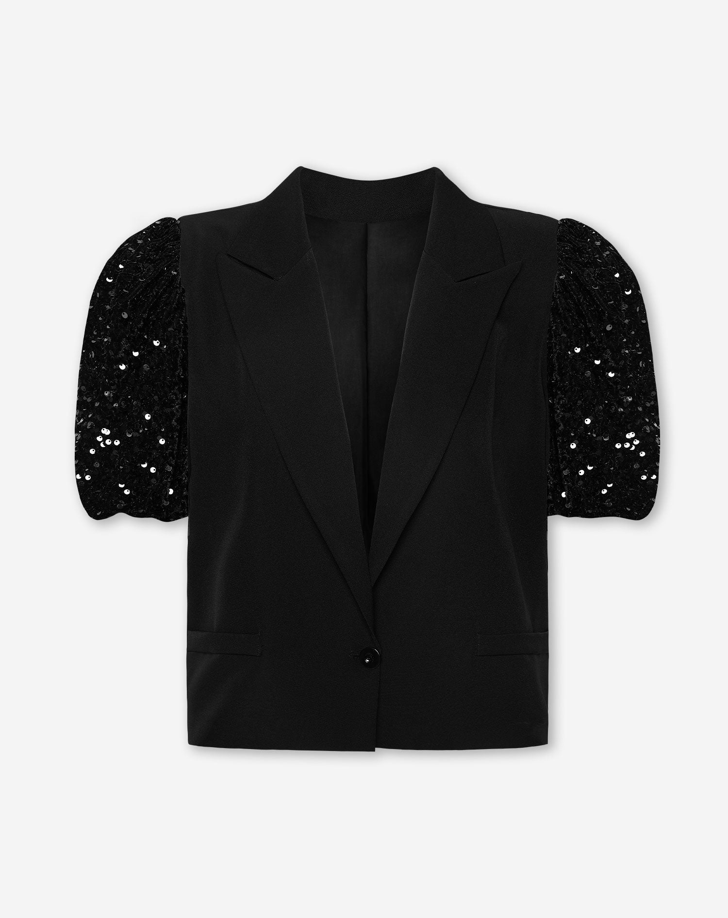 VELVET SEQUINS PUFF SLEEVE BLAZER BLACK