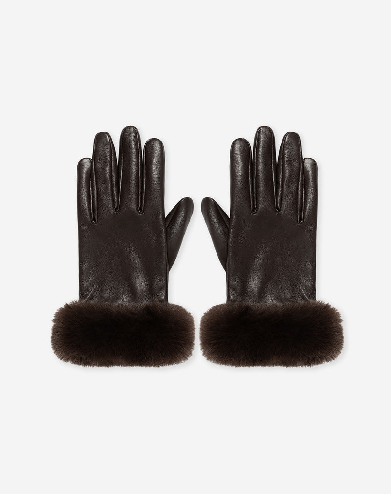 FAUX LEATHER FAUX FUR GLOVES BROWN