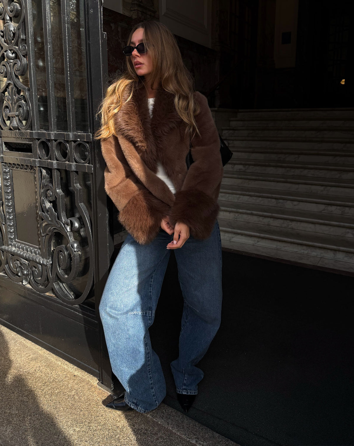 FAUX FUR CUFF COAT BROWN