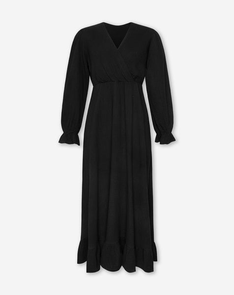 MOUSSELINE MAXI RUFFLE DRESS ZWART | Most Wanted