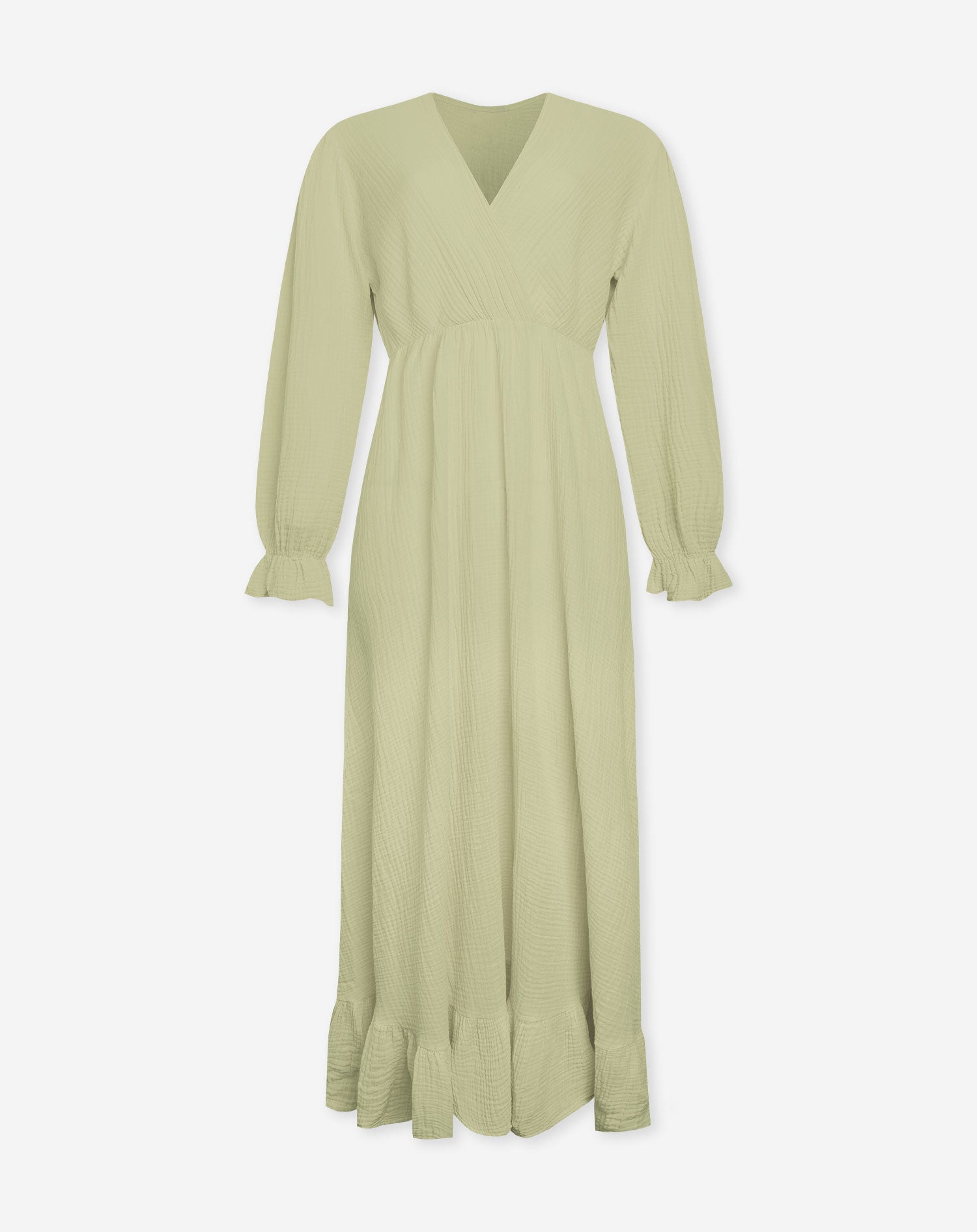 MOUSSELINE MAXI RUFFLE DRESS LICHT OLIJFGROEN