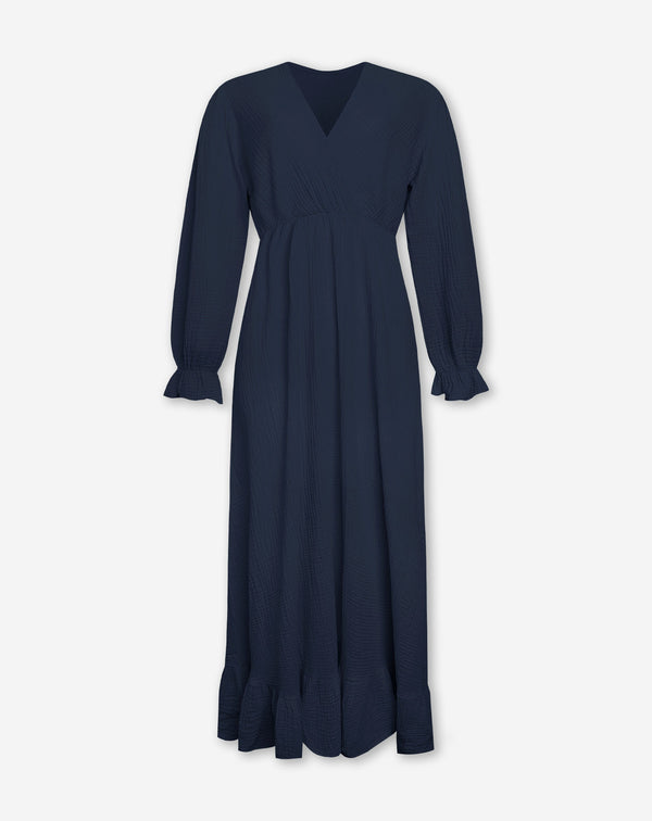 MOUSSELINE MAXI RUFFLE DRESS MARINEBLAUW