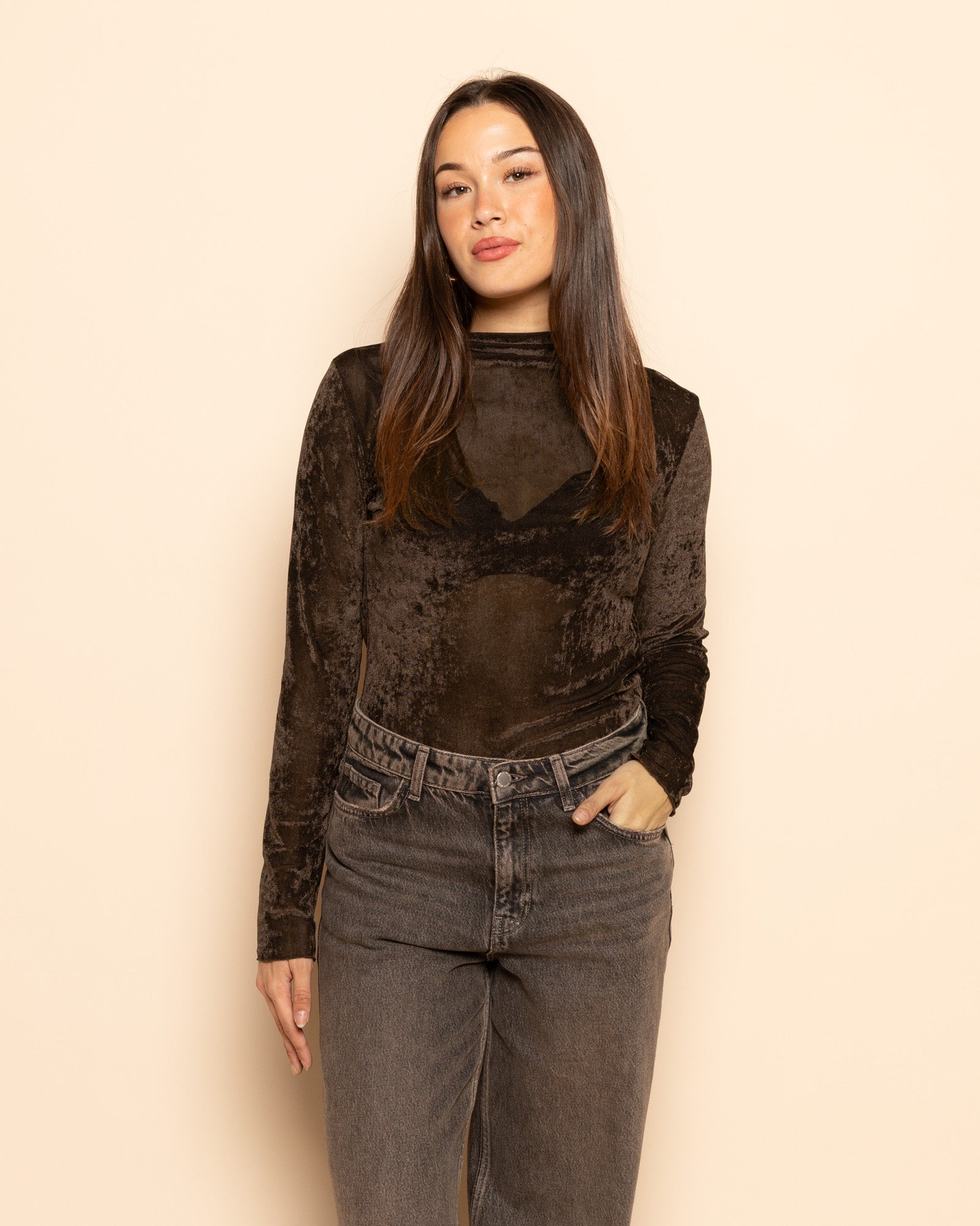 VELVET COL TOP BROWN