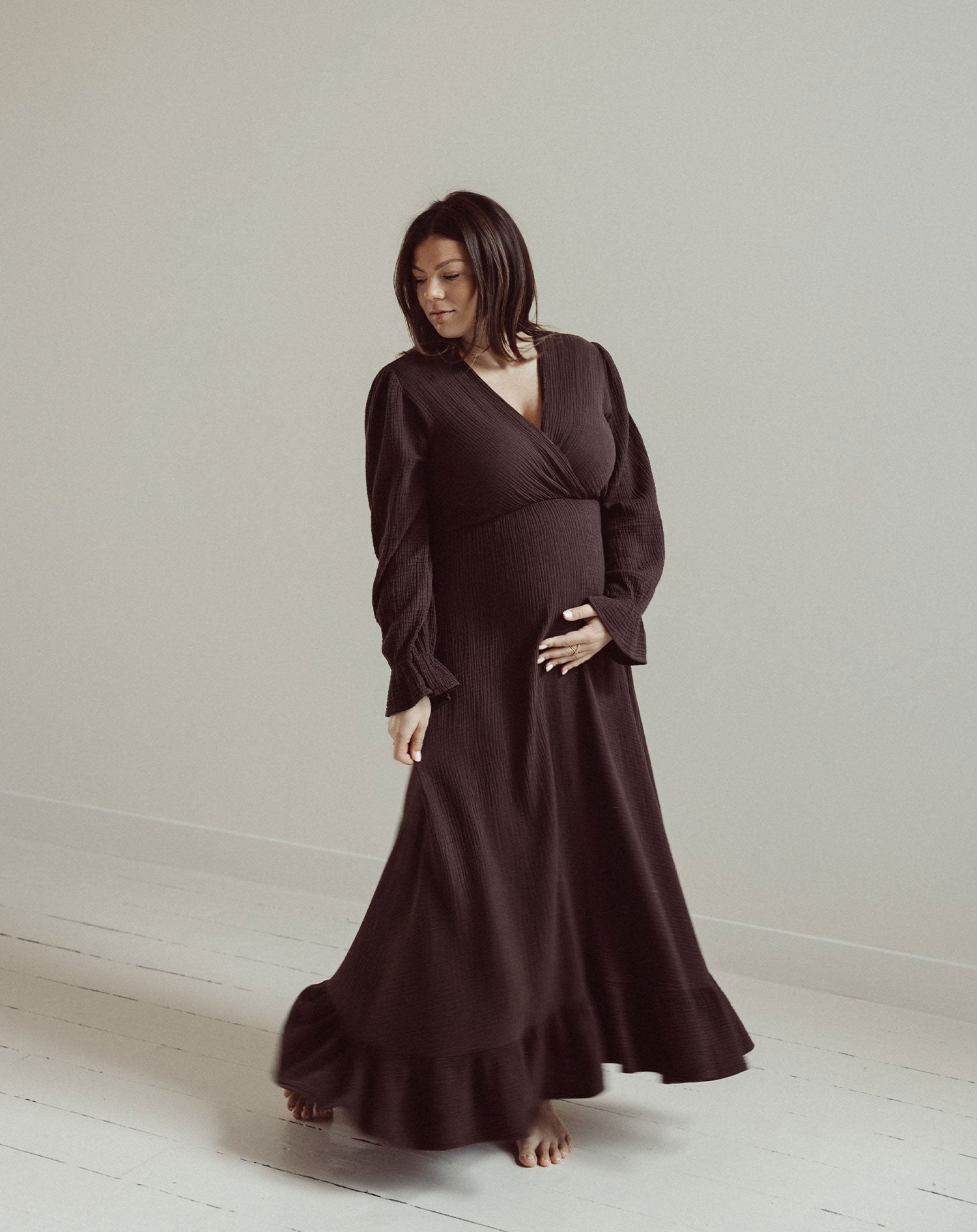 MOUSSELINE MAXI RUFFLE DRESS BROWN