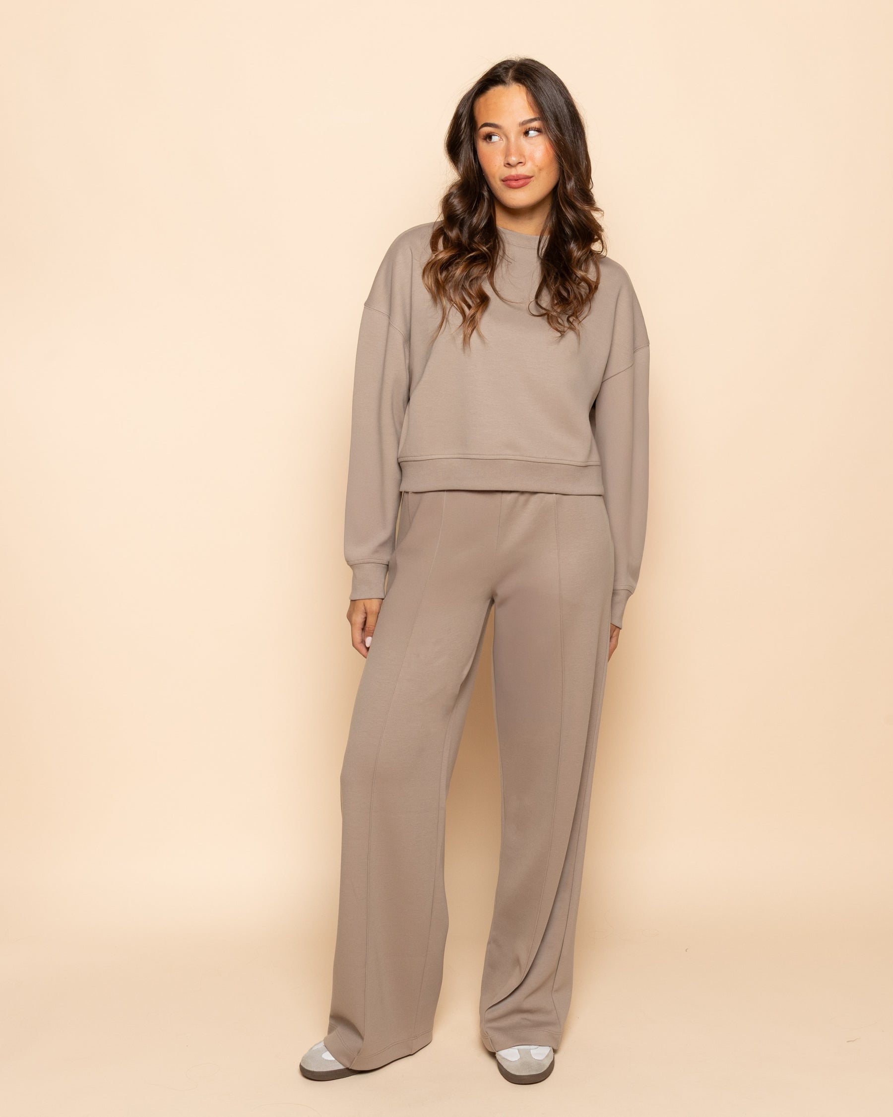 Beige Front Slit Pintuck Pants