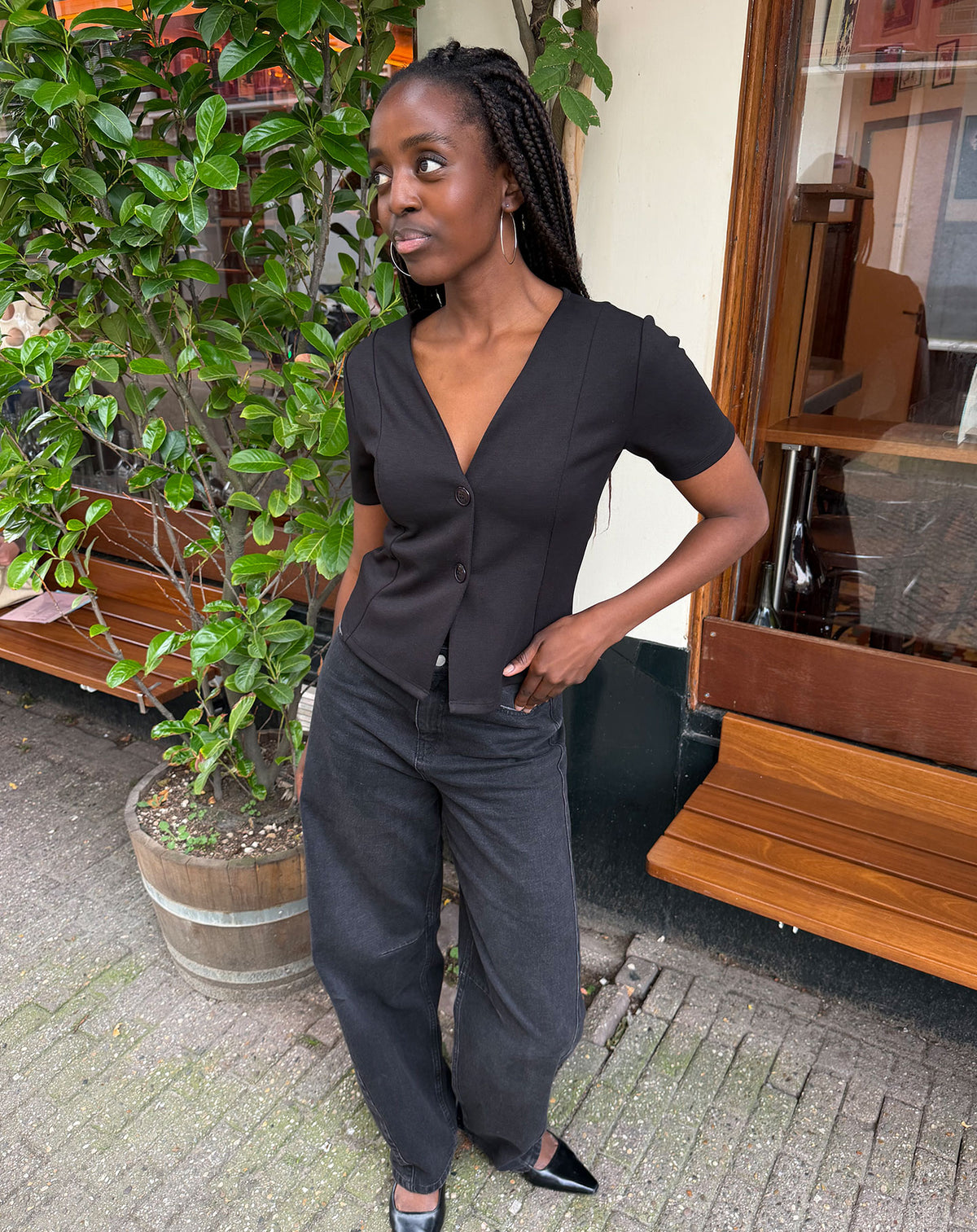 SCUBA PEPLUM BUTTON TOP BLACK