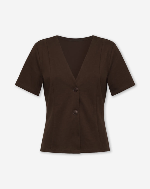 SCUBA PEPLUM BUTTON TOP CHOCOLADEBRUIN