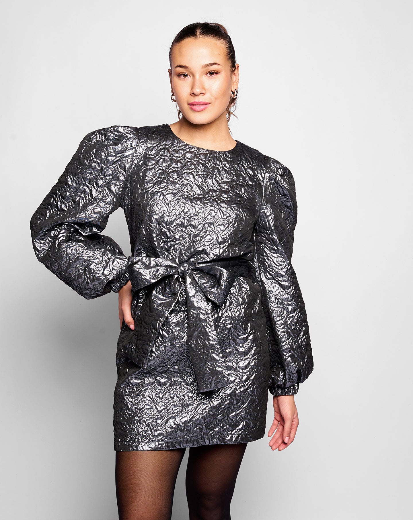 PAM PUFF SLEEVE BELTED DRESS DARK SILVER