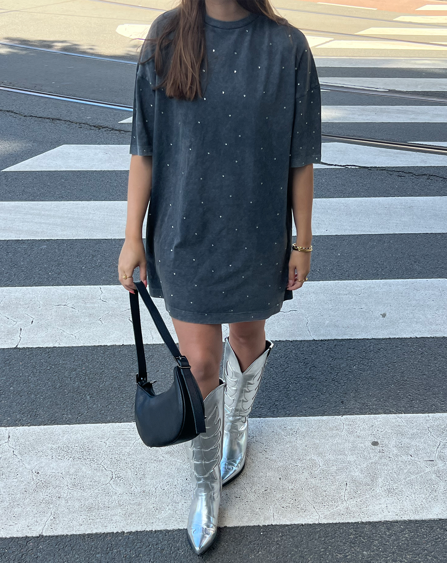 RHINESTONE ACID TEE DRESS GRAY