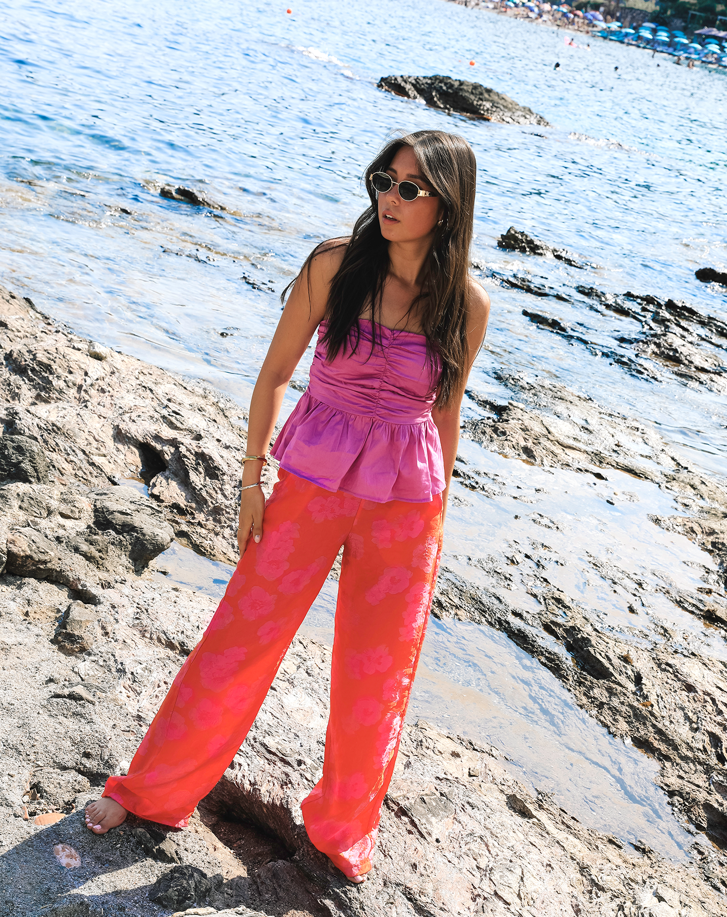 FLOWER SATIN JACQUARD TROUSERS ORANGE