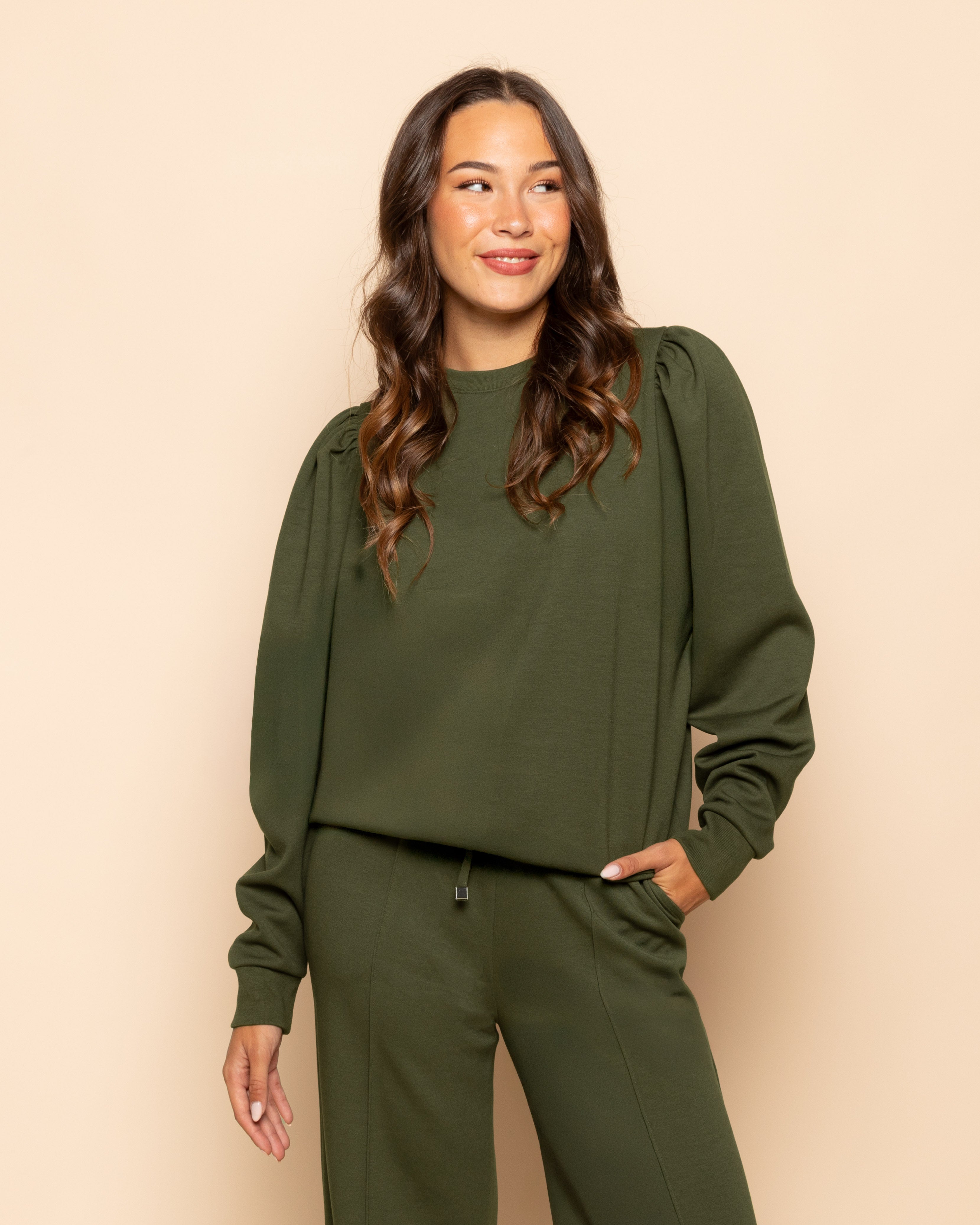 SCUBA PUFF SLEEVE SWEATER LEGERGROEN