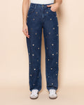 HEART STUD STRAIGHT LEG JEANS DONKERBLAUW