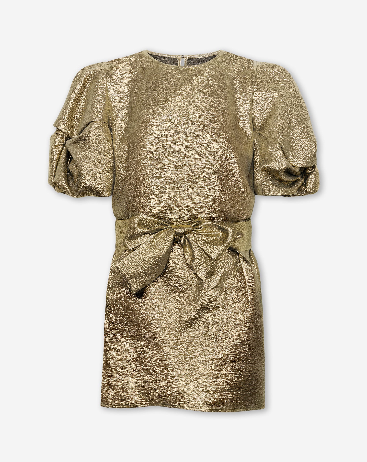 DONNA METALLIC PUFF SLEEVE BELTED DRESS GOLD