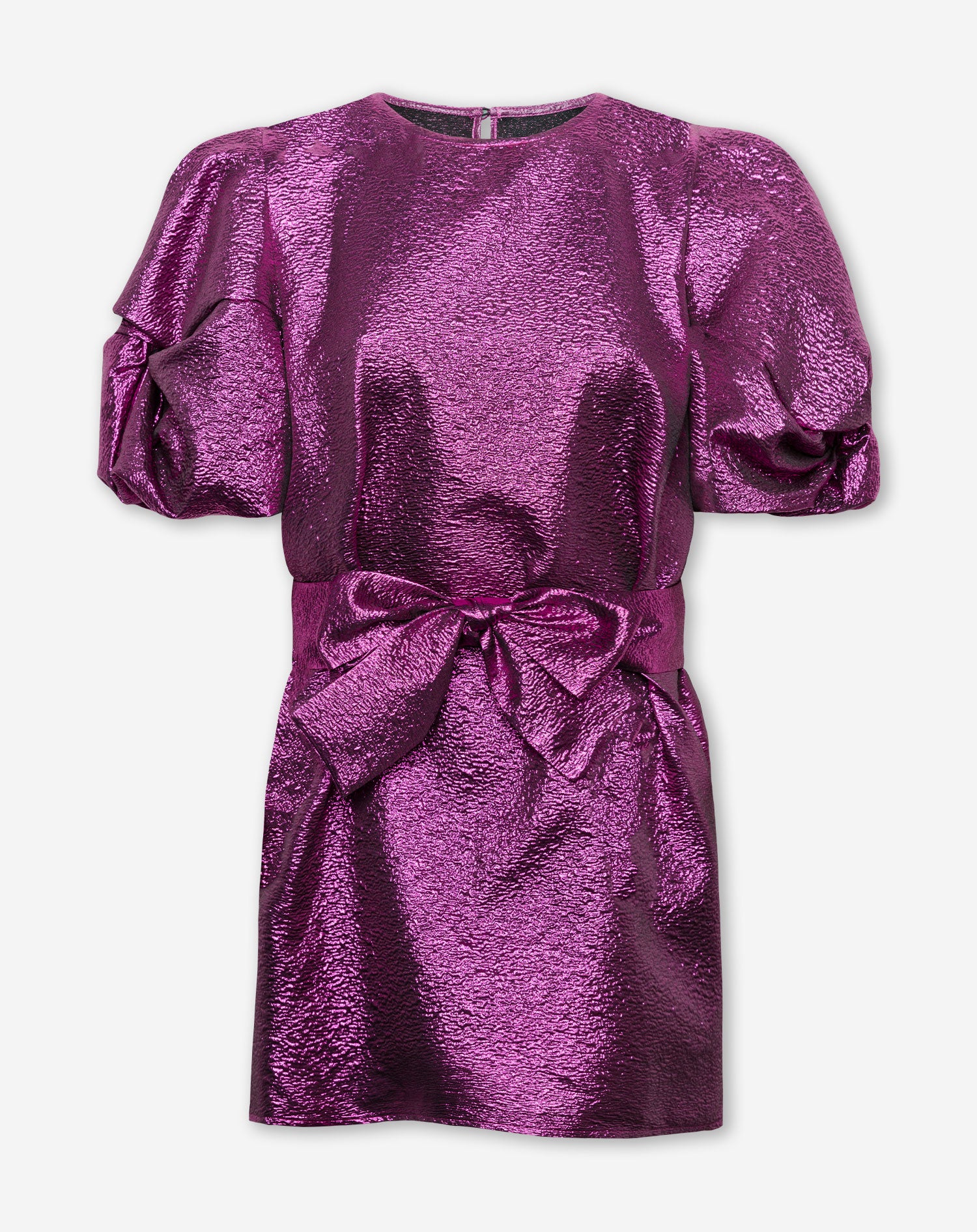 DONNA METALLIC PUFF SLEEVE BELTED DRESS MAGENTA