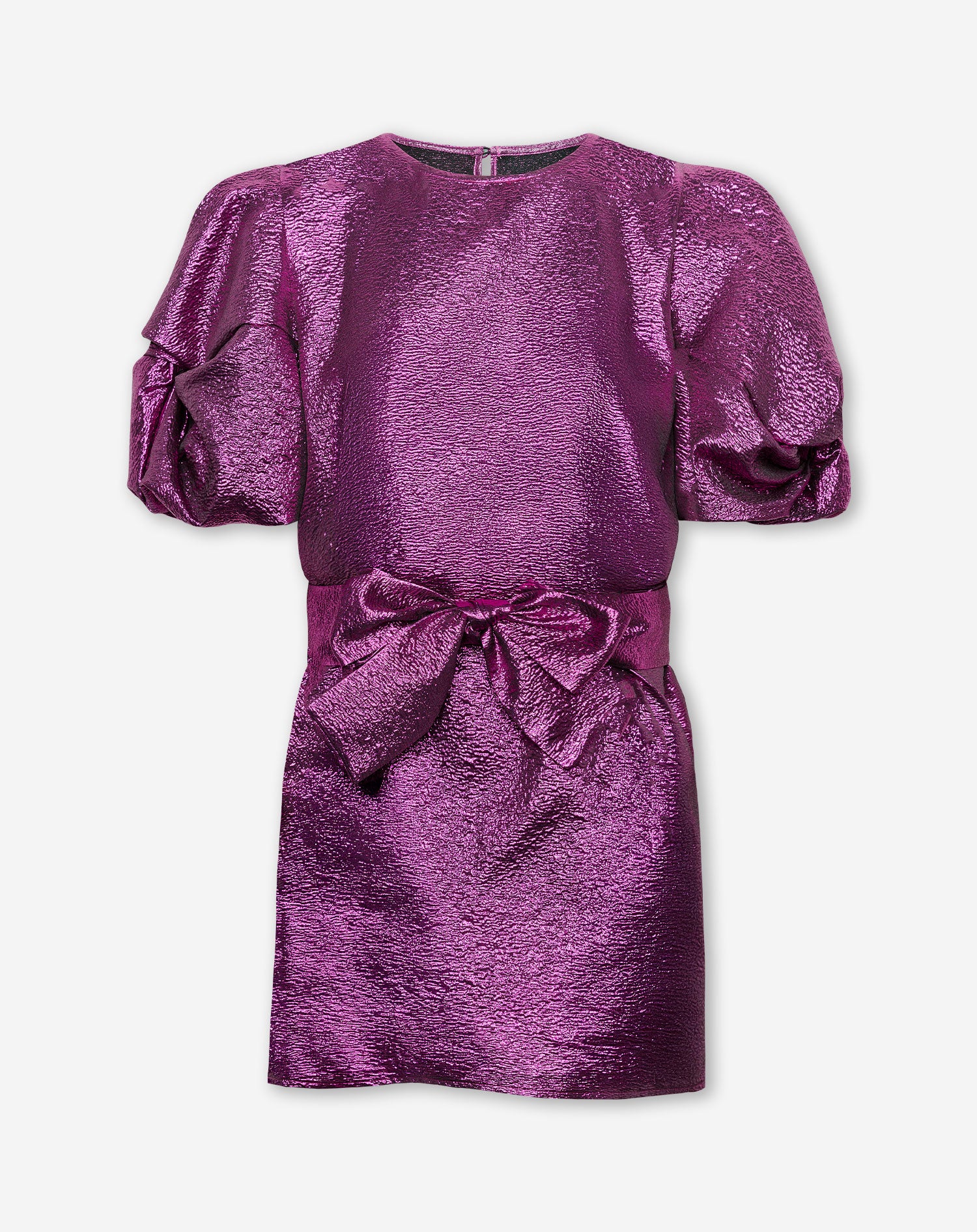 DONNA METALLIC PUFF SLEEVE BELTED DRESS MAGENTA