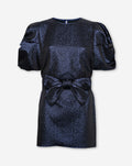 DONNA METALLIC PUFF SLEEVE BELTED DRESS NAVY BLUE