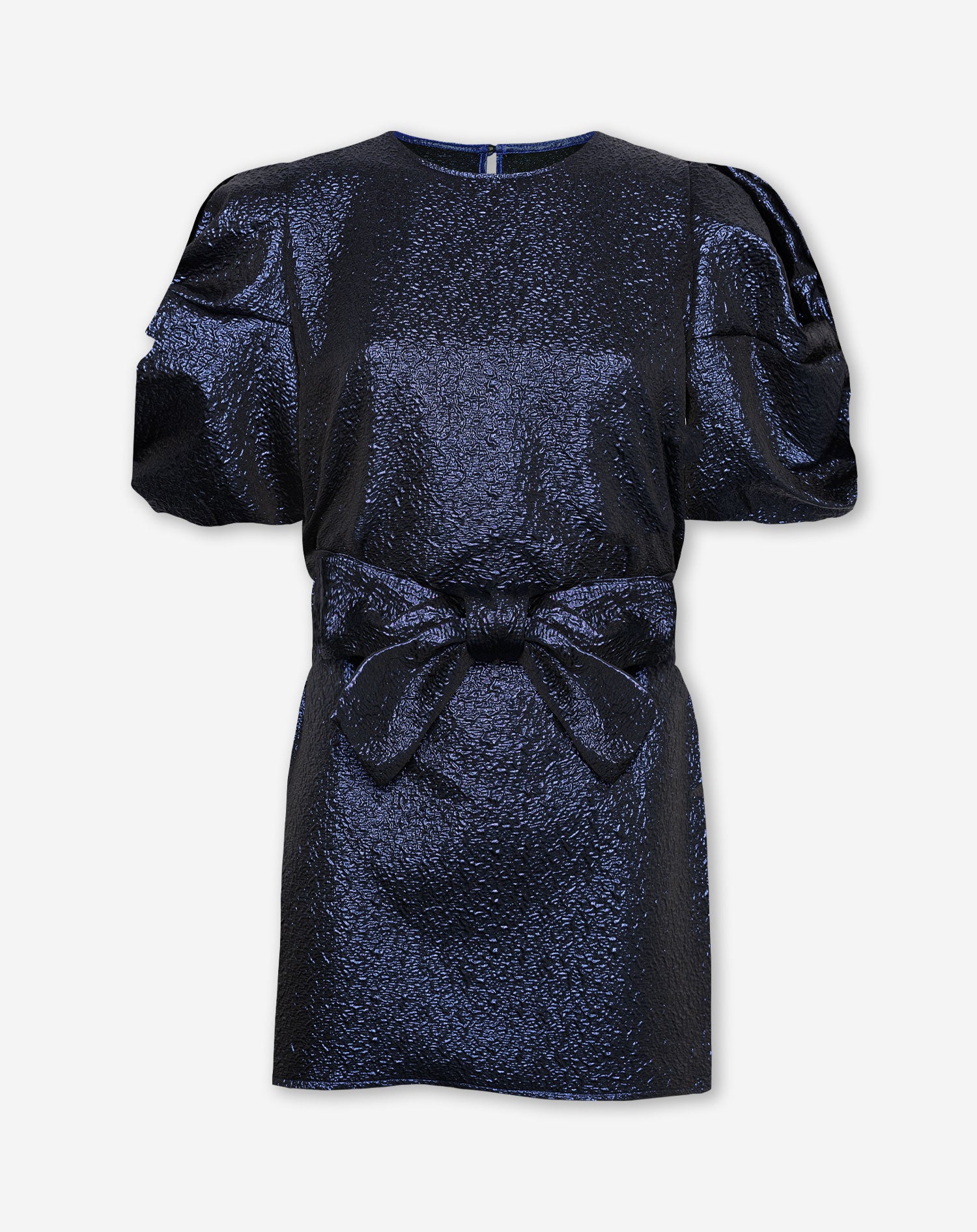 DONNA METALLIC PUFF SLEEVE BELTED DRESS MARINEBLAUW