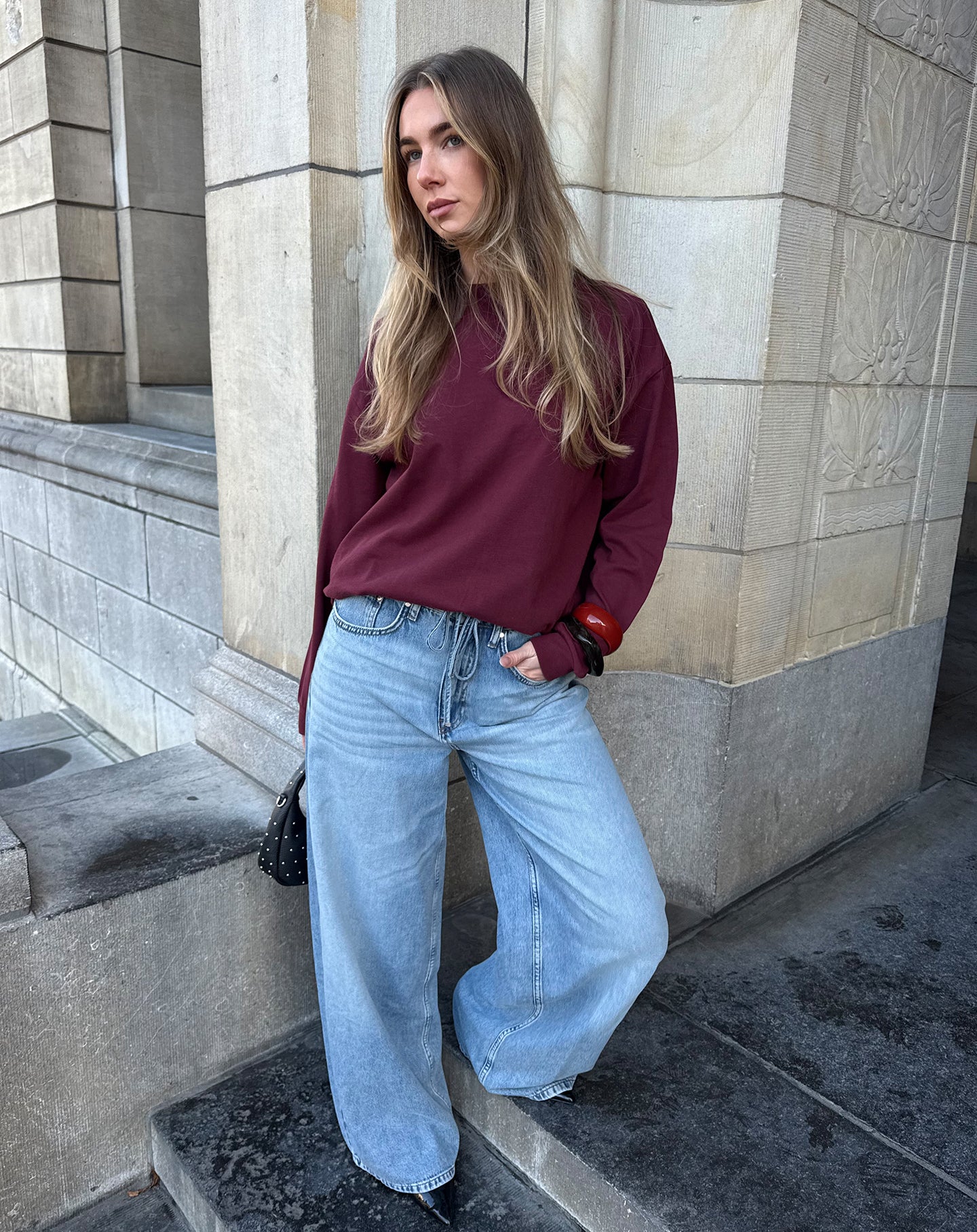 MW EMBROIDERY LONG SLEEVE TEE BURGUNDY