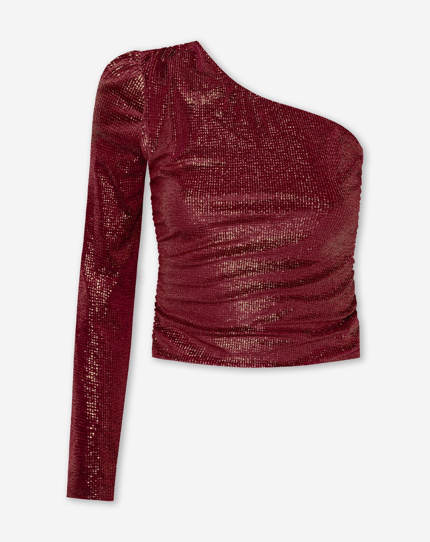 VELVET CRINKLE FOIL ONE SHOULDER TOP BORDEAUX