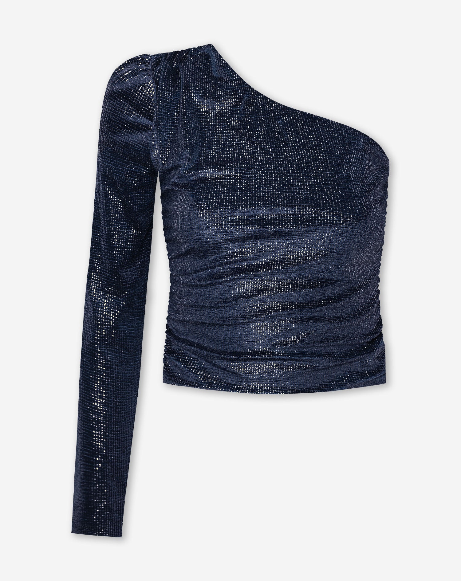 VELVET CRINKLE FOIL ONE SHOULDER TOP NAVY