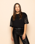 SEQUIN SLEEVE SOLID OVERSIZED TEE ZWART