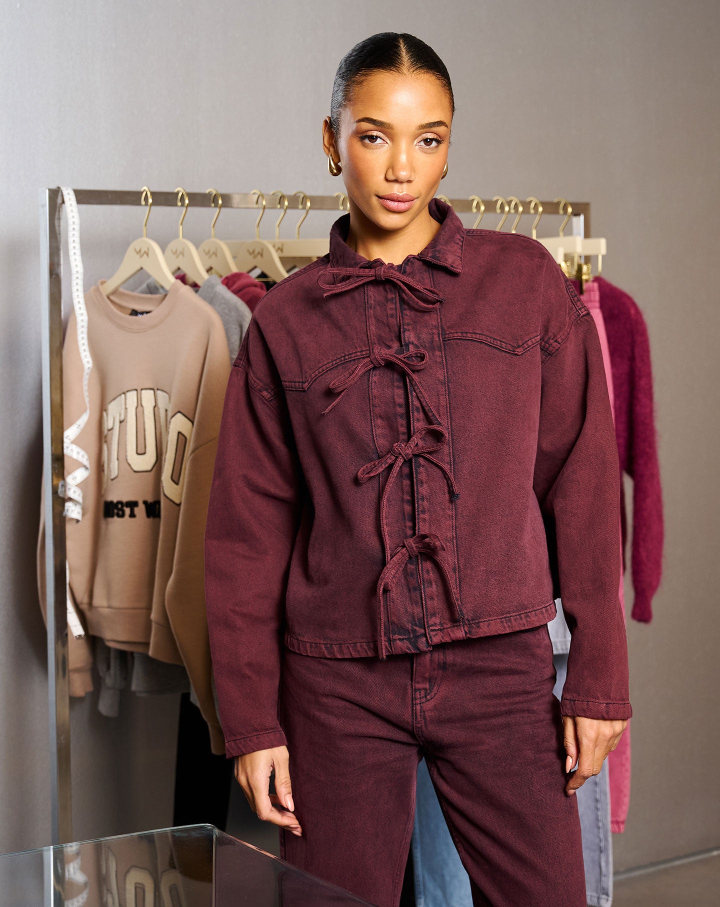 BOW DENIM BLOUSE BURGUNDY