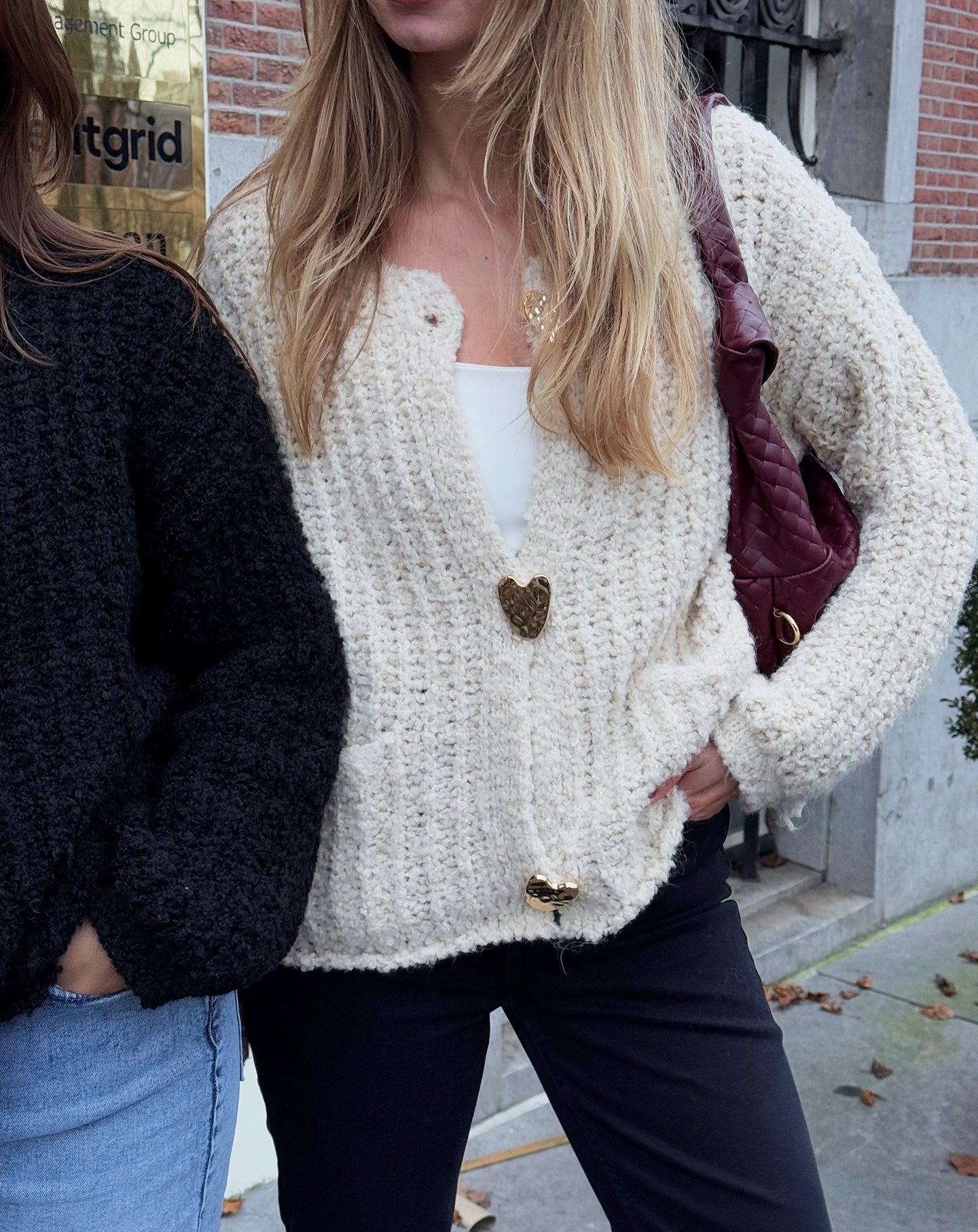 BOUCLE BIG HEART BUTTON CARDIGAN CREAM