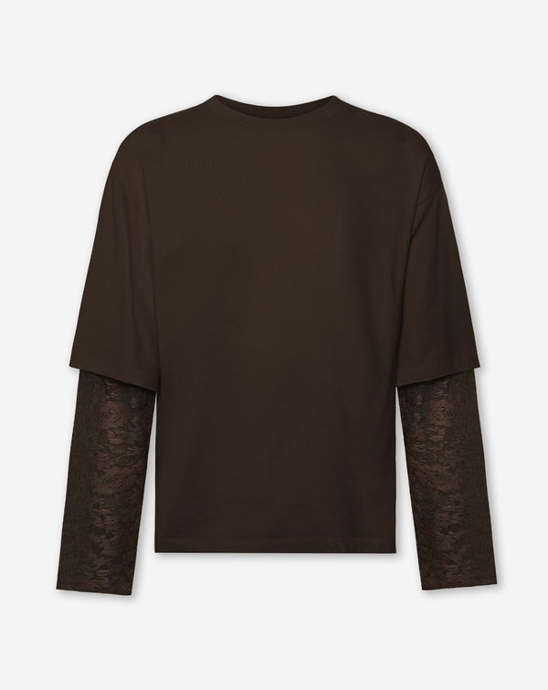 LACE LONG SLEEVE OVERSIZED TEE DARK BROWN