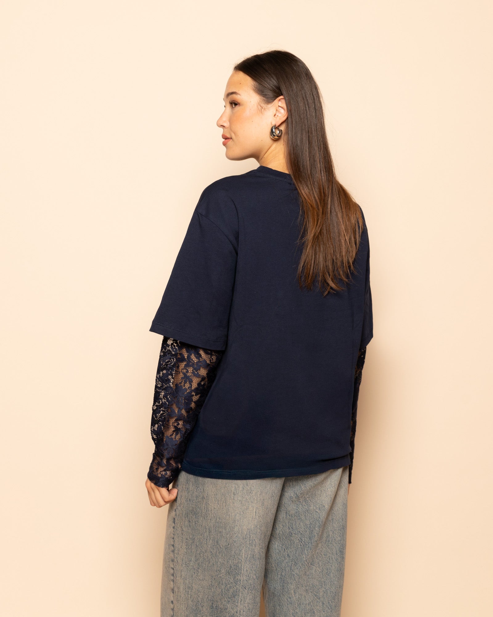 LACE LONG SLEEVE OVERSIZED TEE MARINEBLAUW