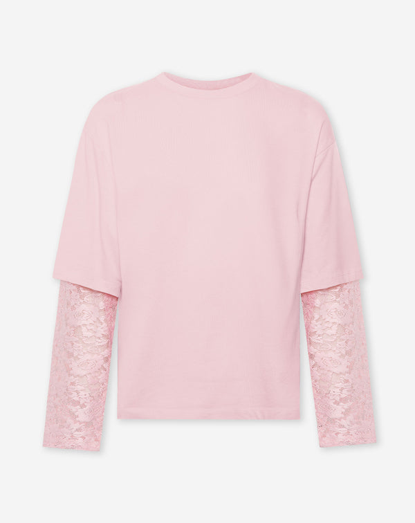 LACE LONG SLEEVE OVERSIZED TEE PASTEL ROZE