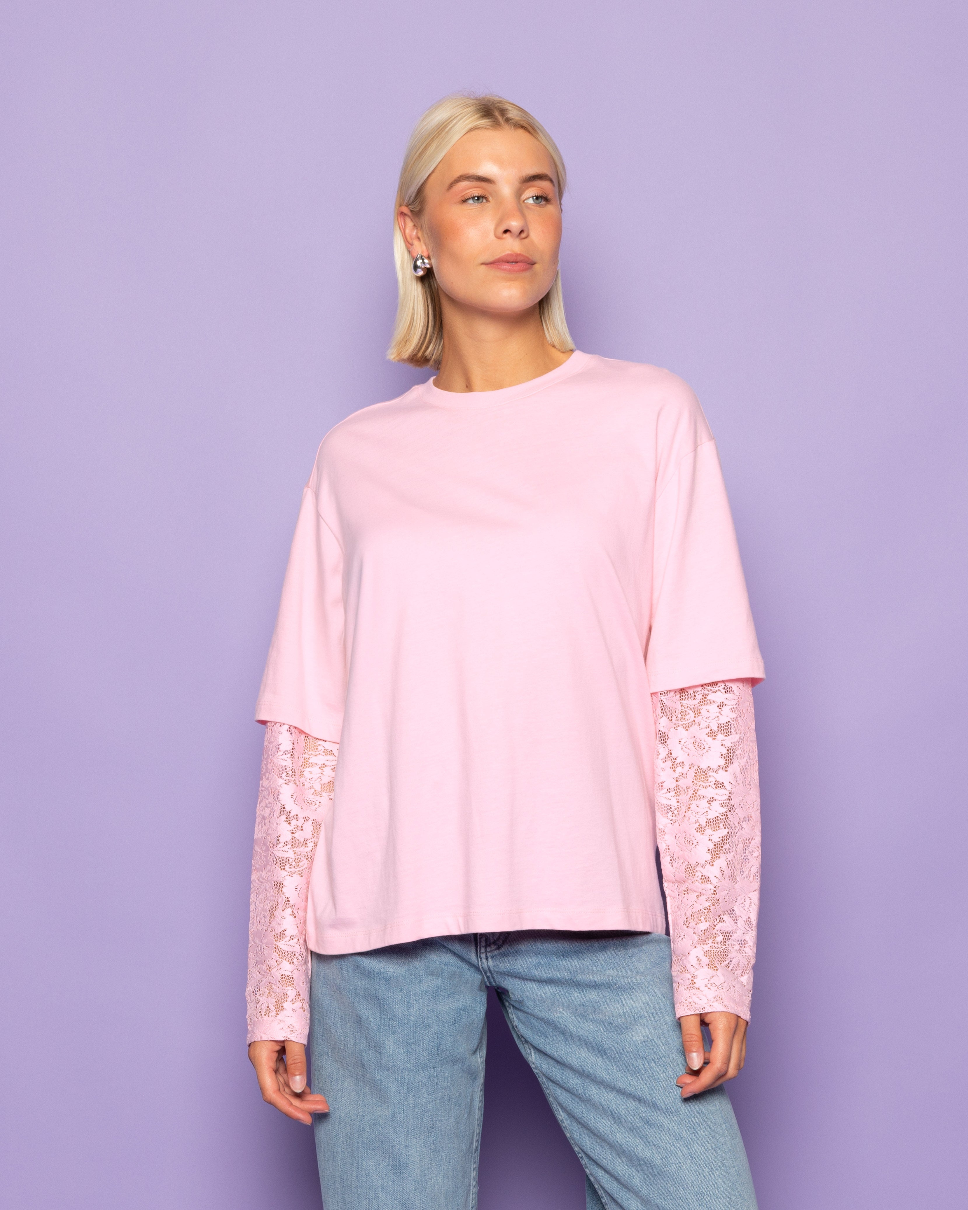 LACE LONG SLEEVE OVERSIZED TEE PASTEL PINK | Most Wanted