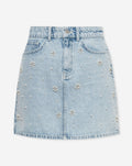 FLOWER PEARL DENIM SKIRT LIGHT BLUE