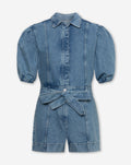 DENIM PUFF SLEEVE PLAYSUIT MID BLUE