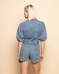DENIM PUFF SLEEVE PLAYSUIT MID BLUE
