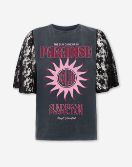 SUNDREAM LACE SLEEVE TEE ACID GREY