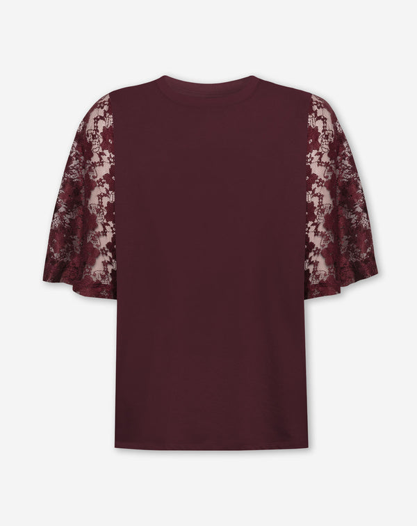 LACE BUTTERFLY SLEEVE TEE DARK BURGUNDY