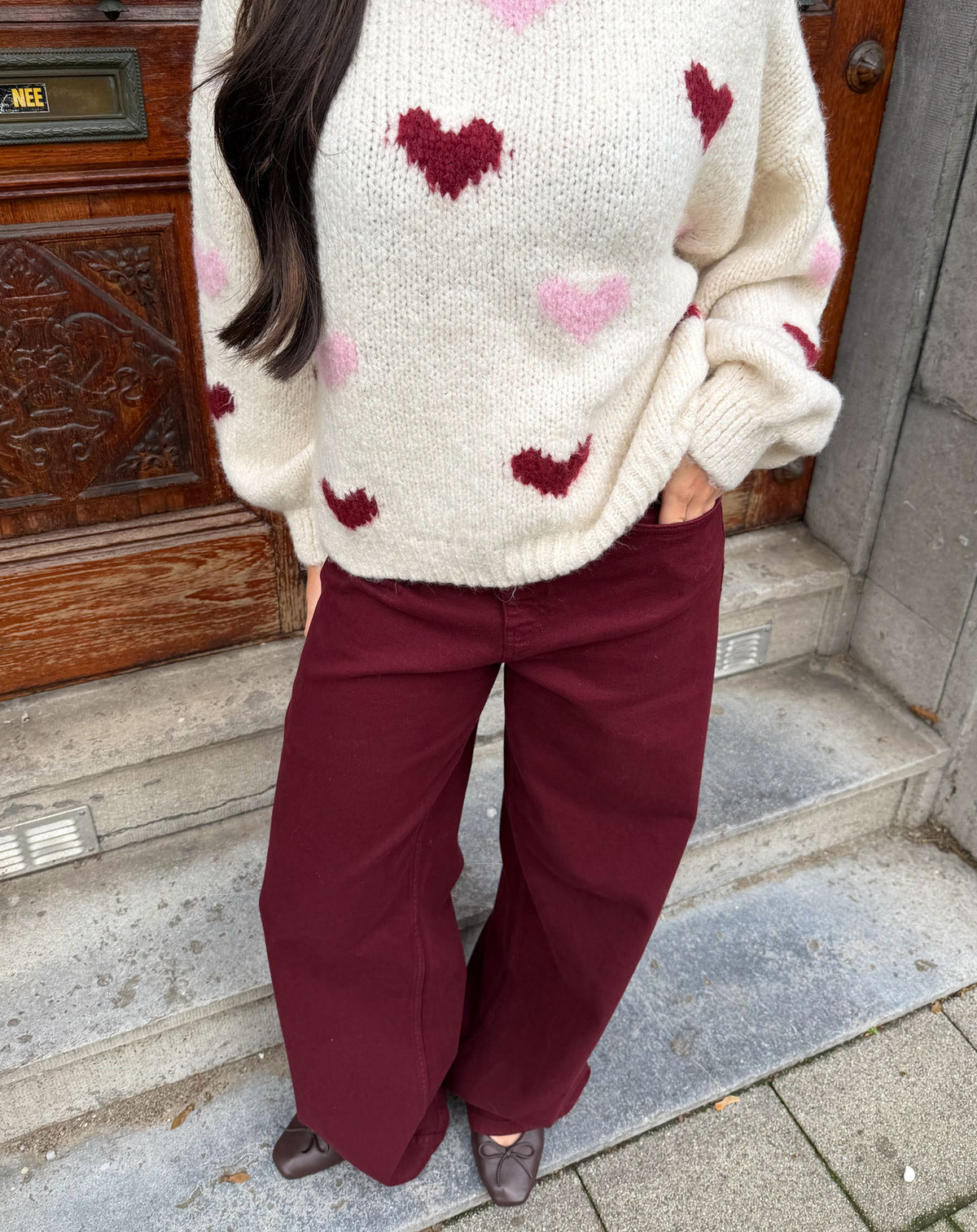 COMFORT WIDE LEG JEANS WINE RED