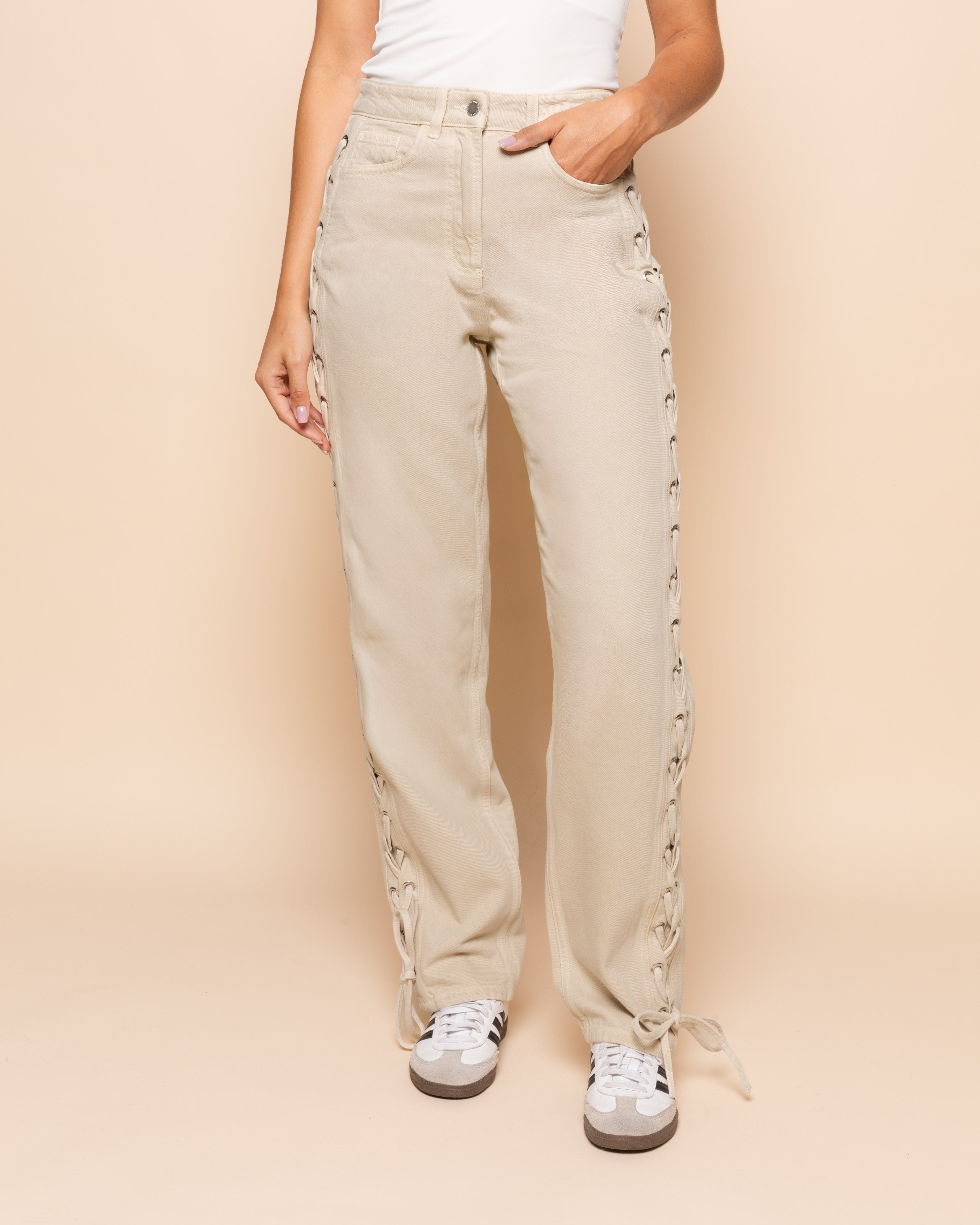 SIDE LACE UP JEANS BEIGE
