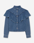RUFFLE DENIM BLOUSE MID BLAUW