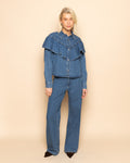 RUFFLE DENIM BLOUSE MID BLAUW